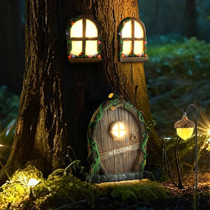 NOVYQREN Miniature Fairy Door and Windows Garden Kit Accessories,Glow in The Dark Fairy Door Windows Yard Art Sculpture Decoration Garden Decor(Wood)