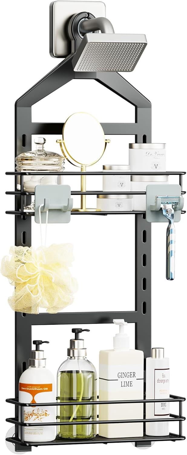 Orimade Adjustable Anti-slip Shower Caddy, Rustproof Hanging Organizer with 2 Hooks for Shower Storage
