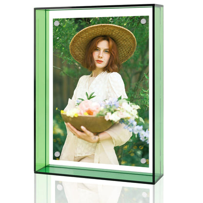 5x7 Acrylic Picture Frame Green - Clear Floating Photo Frames for 5 x 7 Inches Art Print - Individual for Tabletop Display - With Hangers for Wall Mount Horizontal or Vertical - 1 Pack