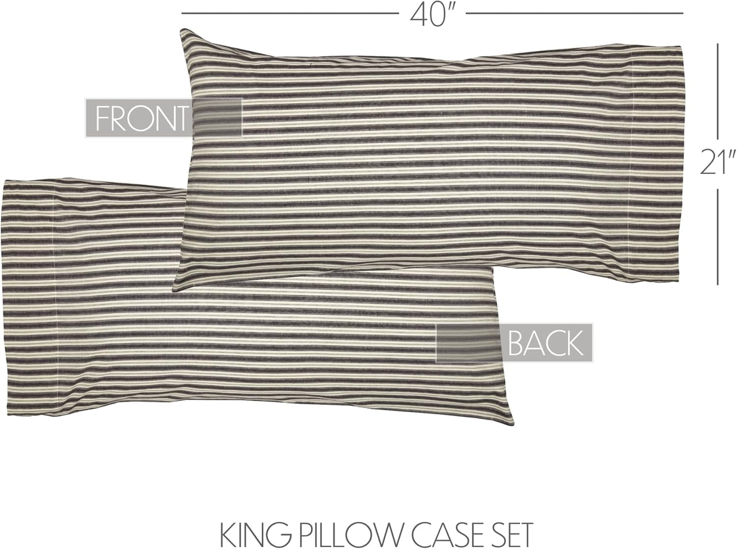 VHC Brands Ashmont Farmhouse Stripe Pillow Case Set of 2, Charcoal Grey and Ivory/Creme, King Size