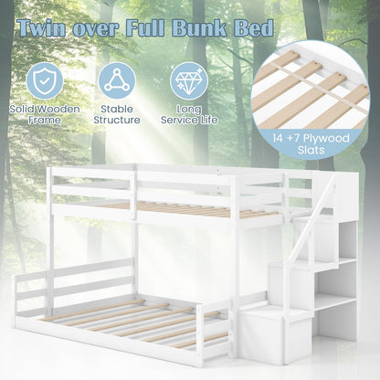 Giantex Twin Over Full Bunk Bed with Stairs, Solid Wood Floor Bunk Bed with Storage Staircase & Full-Length Guardrails, Low Bunk Bed with for Kids, Teens, Adults, Dorm, Small Space, White