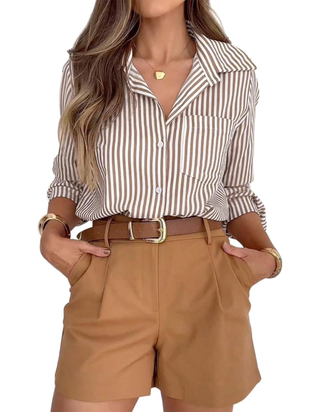 siliteelon Striped Button Down Shirts for Women Dress Shirts Long Sleeve Casual Collared Office Work Shirt with Pocket