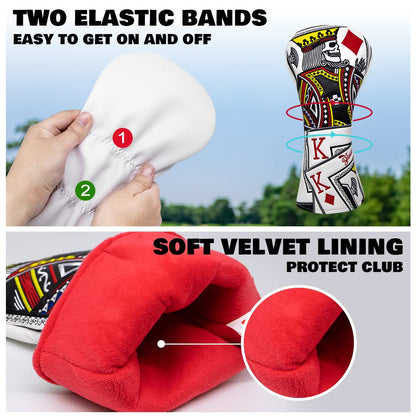 BAIRBRE Golf Club Covers - Poker Diamond King Driver Covers Fariway Wood Headcovers 3 Wood Hybrid Head Cover for Most Brands