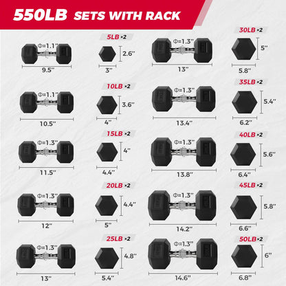 RITFIT Rubber Hex Dumbbells Set with Rack, 180-780LB Heavy-Duty Cast Iron Core, Knurled Chrome Handle, Space-Saving Storage Rack for Home Gym Strength Training