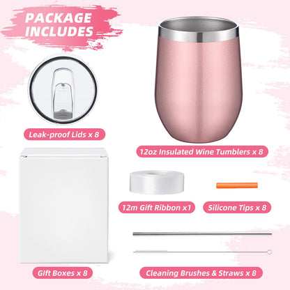 ColorSub 8 Pack 12oz Sublimation Wine Tumblers, Stainless Steel Double Wall Sublimation Blanks Wine Cups with Lids & Straws, Silicone Straw Tips, Gift Box, Rose Gold