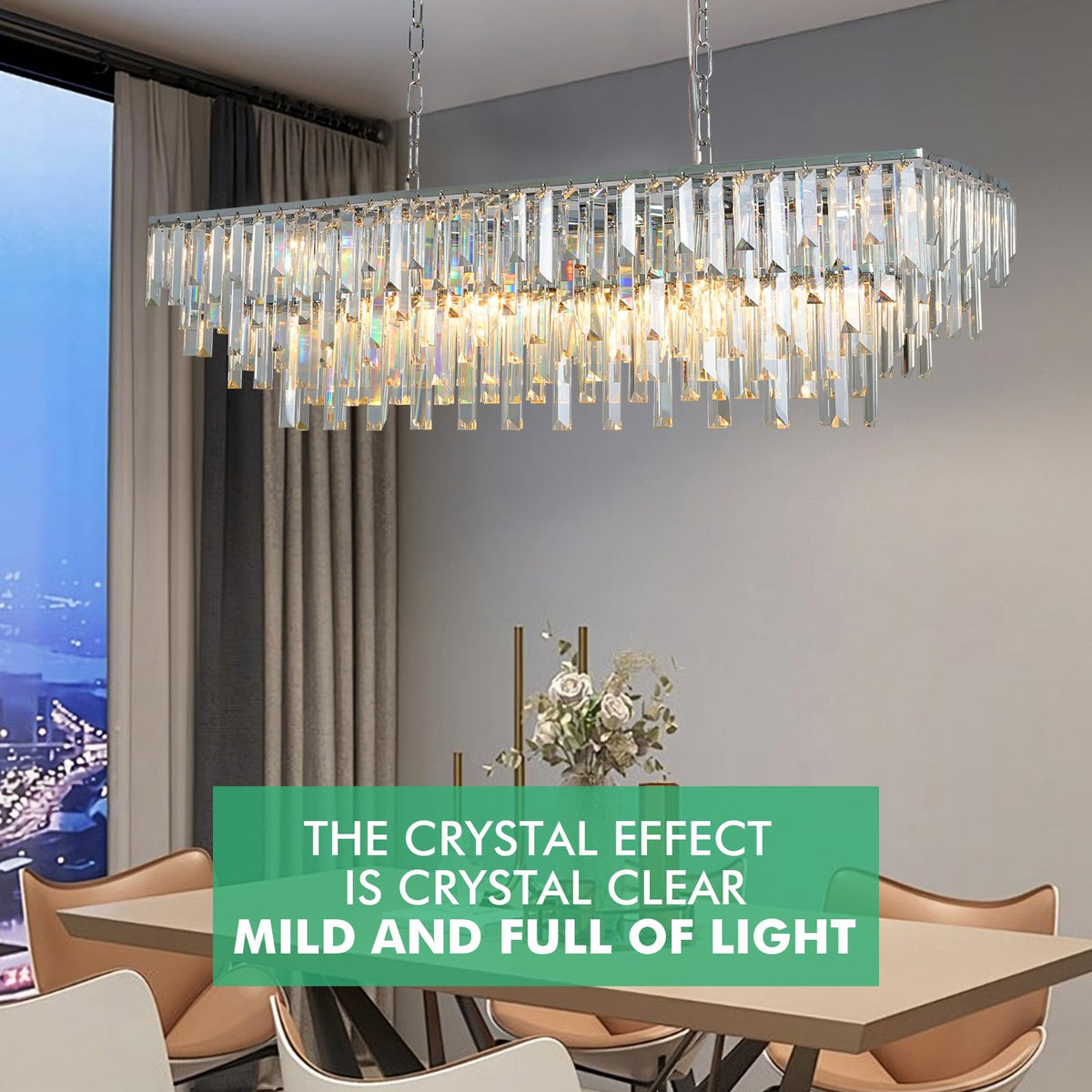 39" Modern Rectangle Crystal Chandelier, Chrome Linear Pendant Light with Clear Crystal Prisms, Luxury Island Lighting Fixture for Dining Room Kitchen Table Living Room