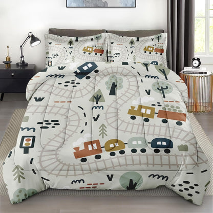 Set Cozy Set Comforter with Pillowcase Twin Size, Cute Forest Car Train City Map, Bedding Decor Funny Nursery Cartoon