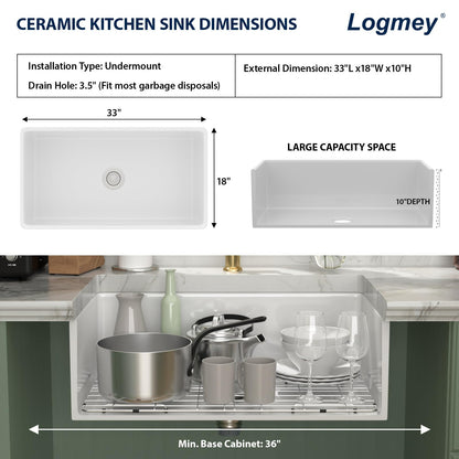 Logmey 33 In White Fireclay Farmhouse Sink with Pop-up Drain & Reversible Design 33x18x10 Durable Ceramic Apron Front Sinks,Easy to Clean,Scratch & Heat Resistant,Ideal for Traditional & Country Style