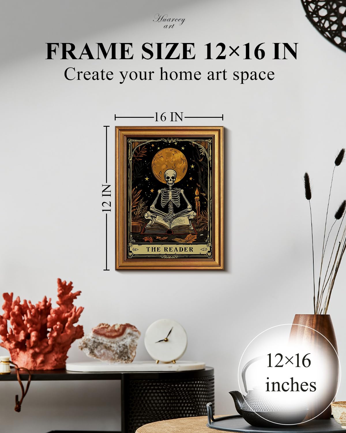 HUARCEY Gold Framed Canvas Wall Art, Skeleton Reader Tarot Picture Decor, Library Reading Room School Decor, Book Lover Witchy Gothic Halloween Canvas Paintings, 12x16inch