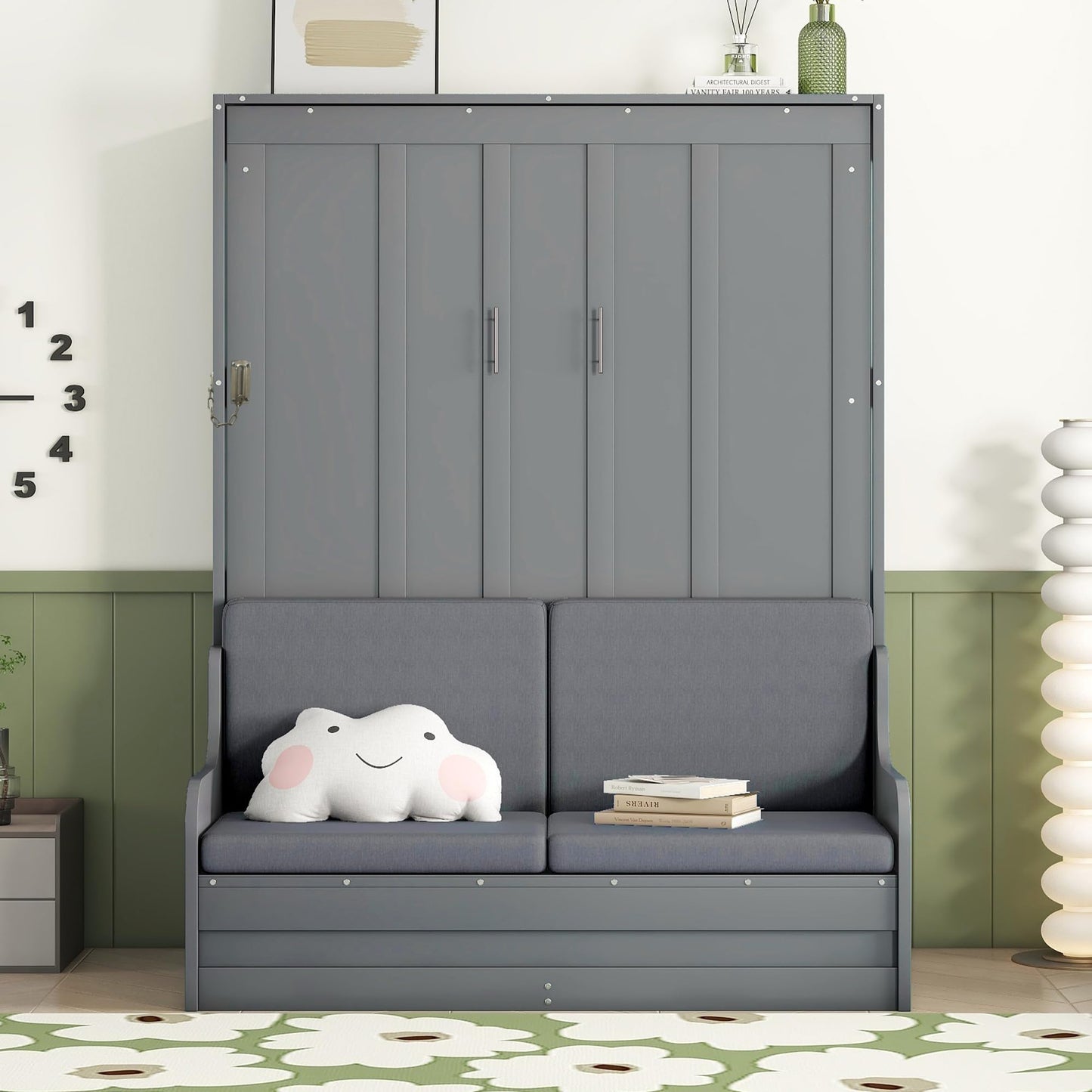 Merax Queen Size Murphy Bed Frame, Modern Wall Bed Can Be Folded into Cabinet, Chair with Cushion, Gray