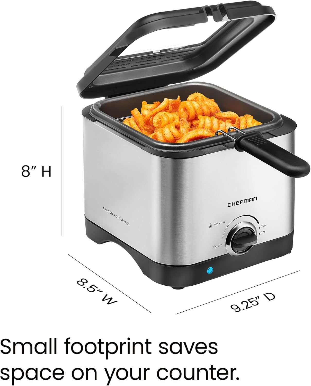 Chefman Fry Guy, Compact Deep Fryer with 1.6-Quart Capacity, Easy-View Window, Adjustable Temp Control, Stainless