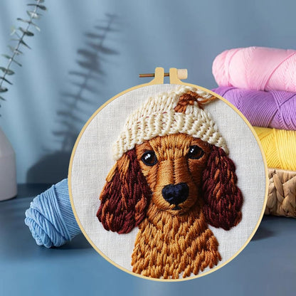 Punch Needle Kits Dachshund Dog Wear Hat Embroidery Starter Set with Hoop Easy for Beginners DIY Stress Relief Handmade Craft Hobby and Home Decor 20x20cm-1