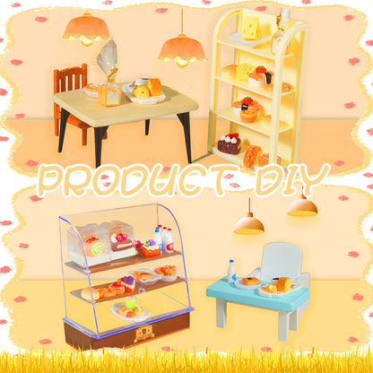 92 Pcs Miniature Bakery Case Cake Stand Cabinet with Mini Foods Set Miniature Food Cake Bread Dessert Milk Donuts for 1:12 Scale Mini Bakery Bread Shop Scene Models Mini House Kitchen Accessory