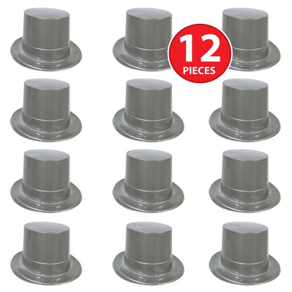 Beistle Silver Plastic Top Hats, 12-Count- Classic Party Hats for New Year's Eve, Weddings, Proms, and Formal Events, Stylish Headwear for Themed Celebrations and Costume Accessories