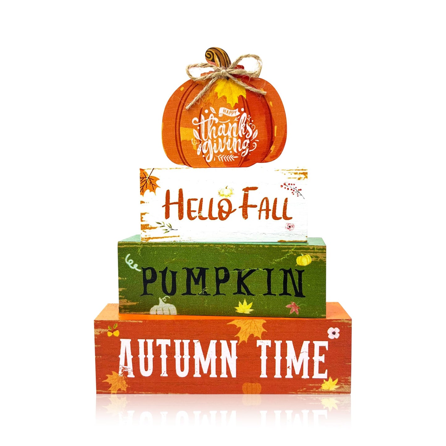 4 Pcs Fall Thanksgiving Decorations for Home,Wooden Pumpkin Signs with Sayings Hello Fall Maple Leaf Block Signs Tiered Tray Tabletop Decor Thanksgiving Decor Indoor for Office Farmhouse Home Kitchen