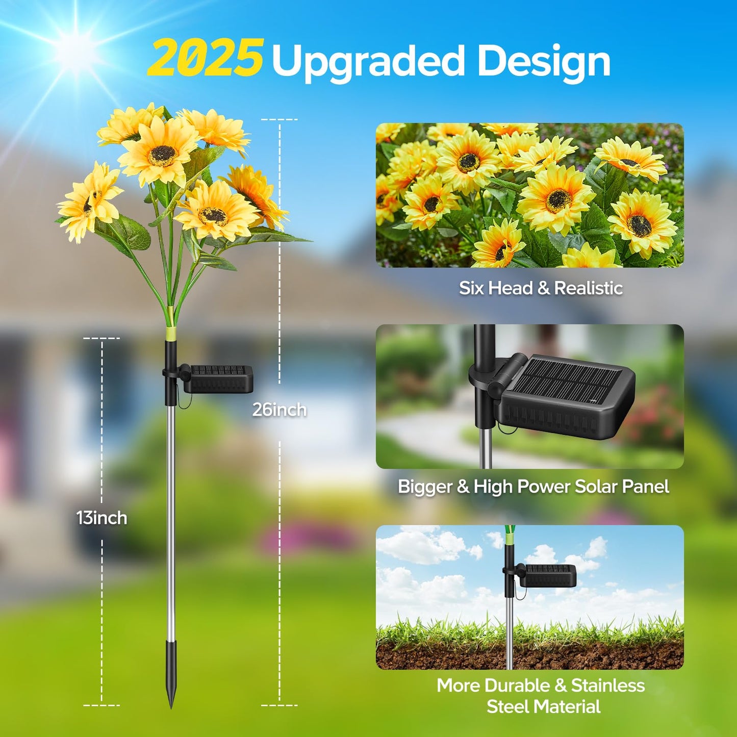 Solar Sunflower Lights Outdoor Waterproof - 3 Pack with 18 Bright Solar Sunflower Lights, IP65 Waterproof Light for Outdoor Flower Bed, Yard, Pathway, Patio Decor - Gift for Mom, Women, Grandma