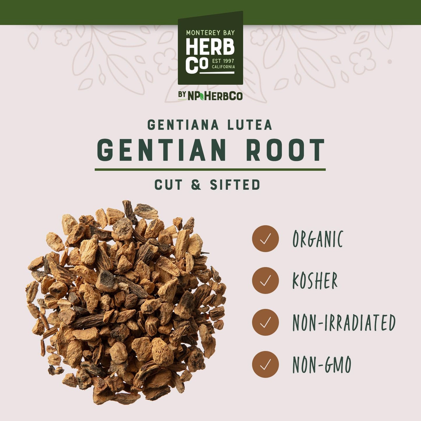 Organic Gentian Root Cut & Sifted, by Herb Co, Gentiana Lutea, Kosher, for Herbal Bitters, Tea Blends, Cocktails & Craft Beer Brewing, 1 lb