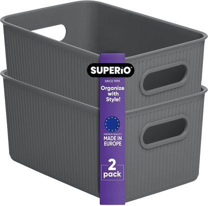 Superio Ribbed Collection Decorative Plastic Open Storage Bins, Medium Grey (2 Pack) for Organizing Closet and Shelves