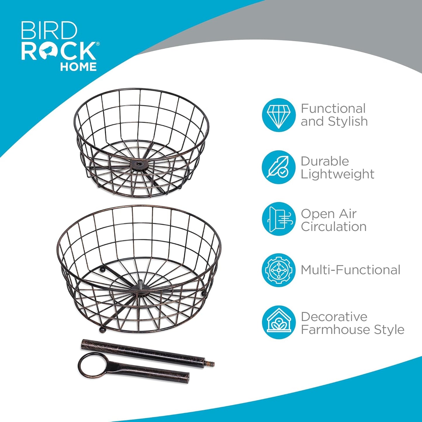 BIRDROCK HOME 2 Tier Wire Fruit Basket | Round Metal Standing Baskets | Freestanding Rustic Decorative Caddy