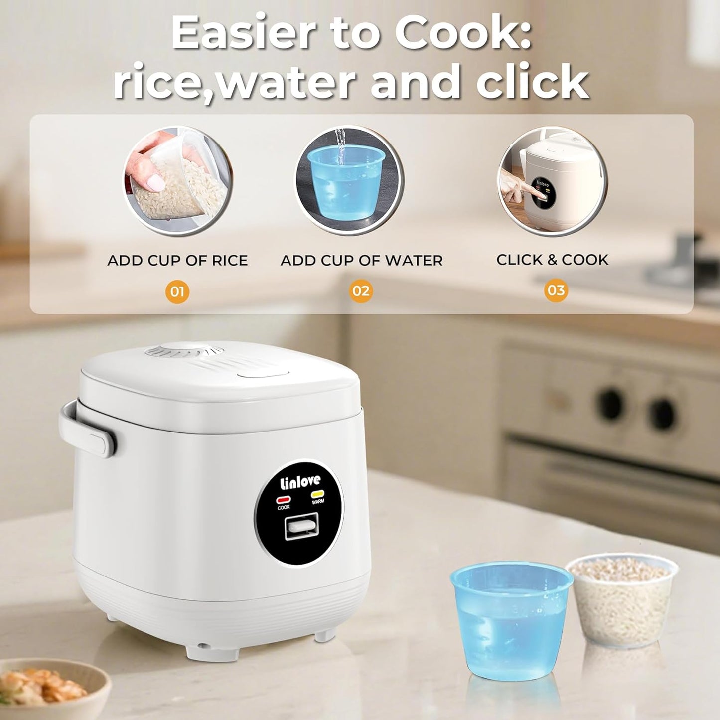 3 Uncooked,1.6 1-3 Rice Cooker Small cup Quart Non-stick Mini Rice Cooker,With Stainless Steel Steamer Tray,One-Switch