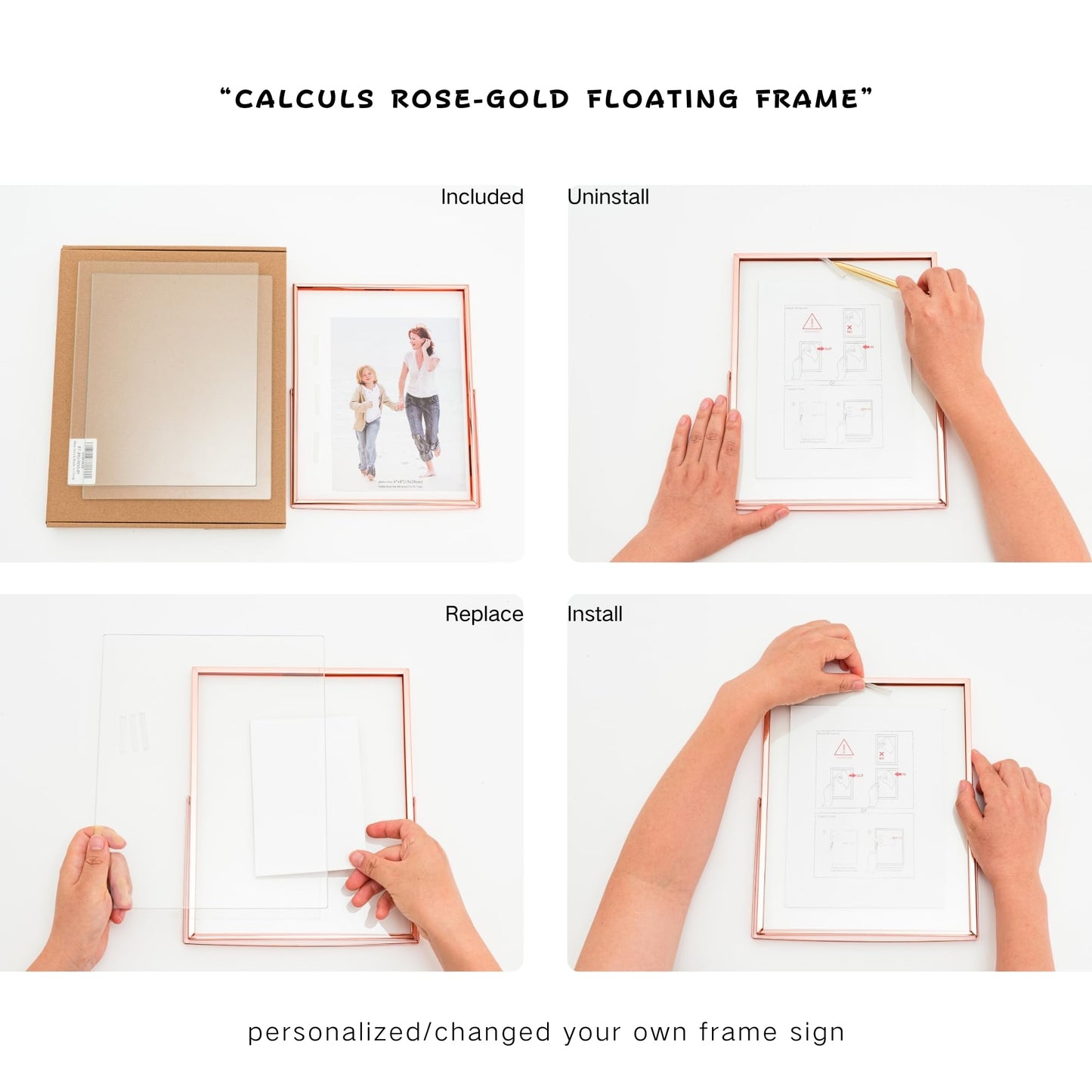 Calculs Rose Gold Floating Frame Vertical Shelf Picture Frame Tabletop Rose Gold Sign Photobooth Place Card/Menu Holder for Wedding, Party, Ceremony or Home Décor