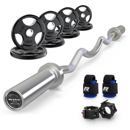 RitFit 2 Inch EZ Curl Bar with Weights, 350LBS Capacity Olympic Barbell for Bicep & Triceps, Home Gym Strength Training,with 85LBweights and Wristband