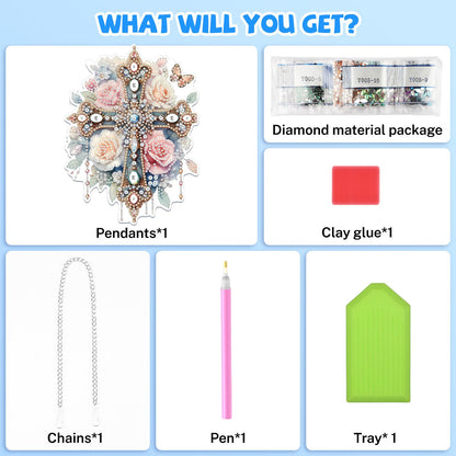 Bowetile Hanging Diamond Art Cross Kits for Adults, 5D Special Shape Diamond Painting Flower Kits, Cross Diamond Gem Art Suncatchers Painting Pendant Ornament for Home Garden Wall Decor