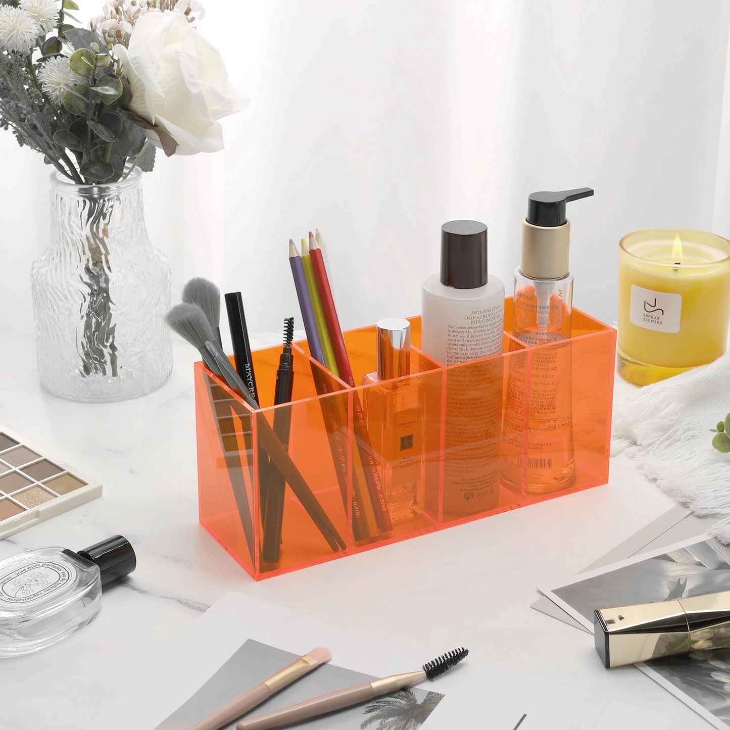 HappyDino Pen Holder for Desk Neon Acrylic Pencil Holder Cup Makeup Brush Storage Organizer for Vanity, Neon Orange