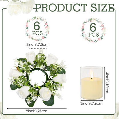 Acmee White Rose Candle Rings with Flameless Candles Sets - 12PCS Artificial Flower Eucalyptus Wedding Centerpiece 3 Inch Pillar Candleholders Wreaths for Wedding Party Decor (White - 6 Sets)