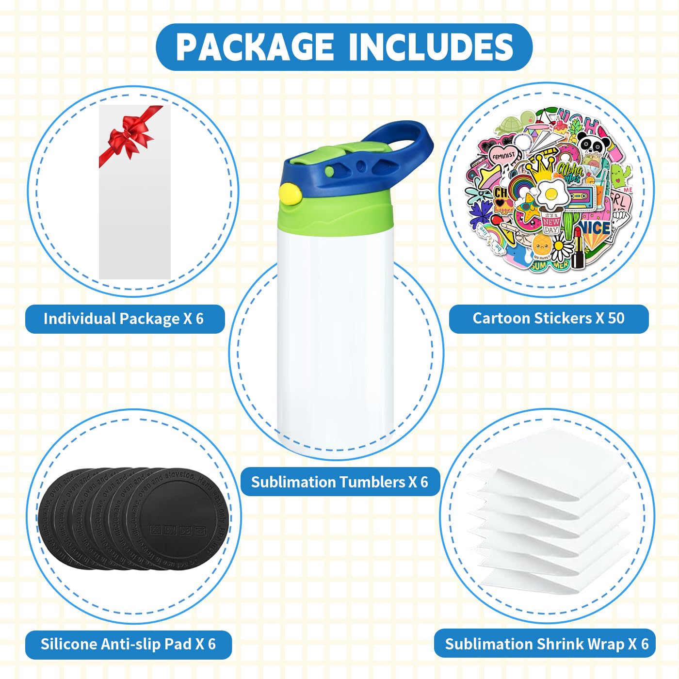 Gekestory 6 PACK Kids Sublimation Tumblers, 12oz Blank Sippy Cups, Stainless Steel Sublimation Water Bottle Blanks for DIY Heat Press Print Crafting Gift (6pack)