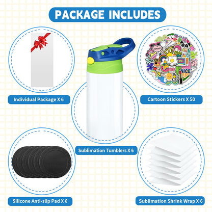 Gekestory 6 PACK Kids Sublimation Tumblers, 12oz Blank Sippy Cups, Stainless Steel Sublimation Water Bottle Blanks for DIY Heat Press Print Crafting Gift (6pack)