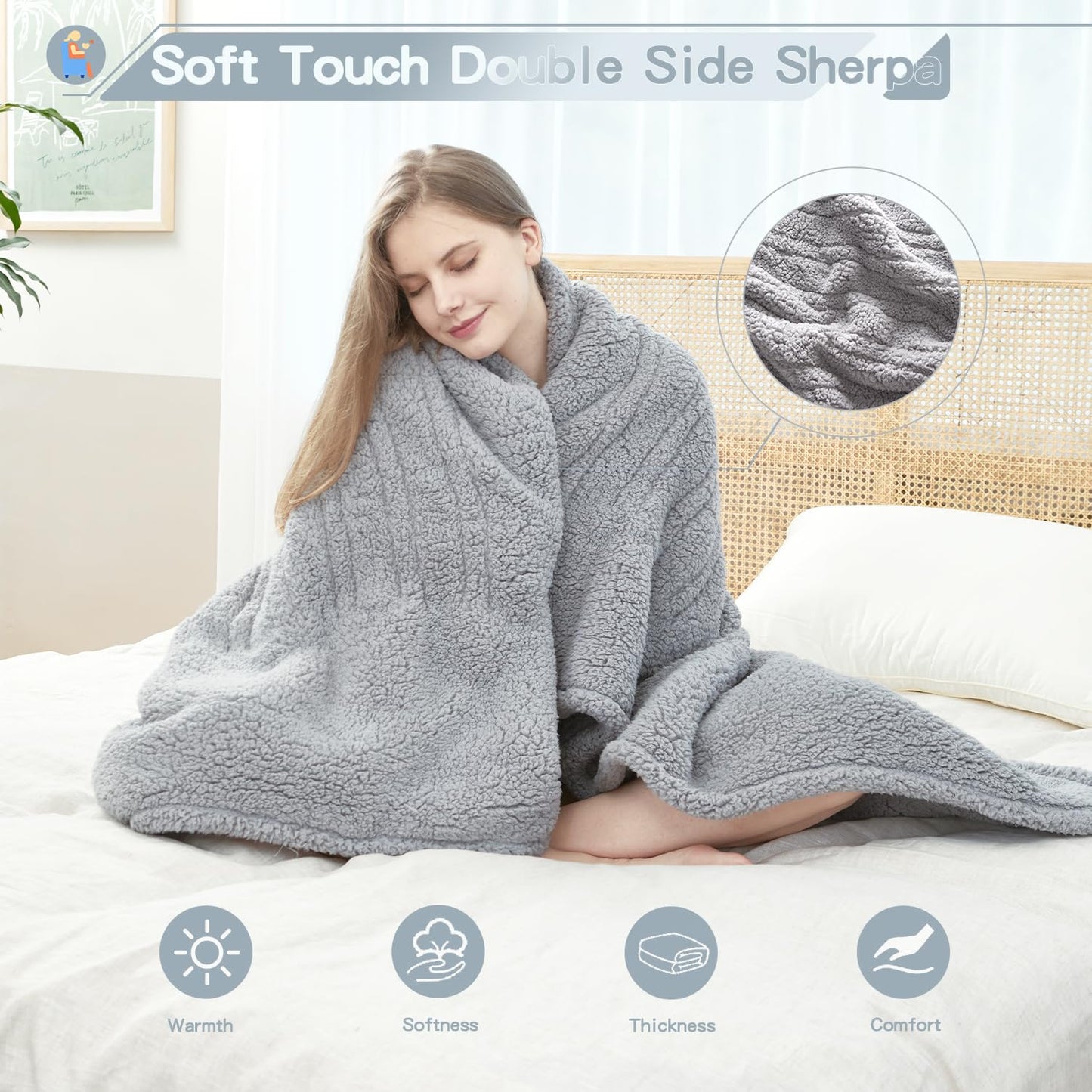 Heated Throw Blanket Double Sided Sherpa, Soft Heating Electric Blanket for Bed, Automatic Safety System, 6 Heating Levels & 4 Hours Auto-Off, 50"x60" Arctic Grey