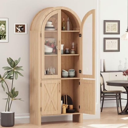 Garvee 60" Kitchen Pantry Storage Cabinet, Large Arched Display Cabinet with 4 Glass Doors, 4-Tier Freestanding Organizer for Bathroom, Entryway, Dining Room, Modern Wood Storage Hutch