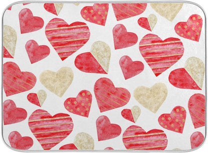 Red Gold Watercolor Hearts Love Dish Drying Mat 16x18 for Kitchen, Valentine's Day Love Flowers Dishes Pad Dish Drainer
