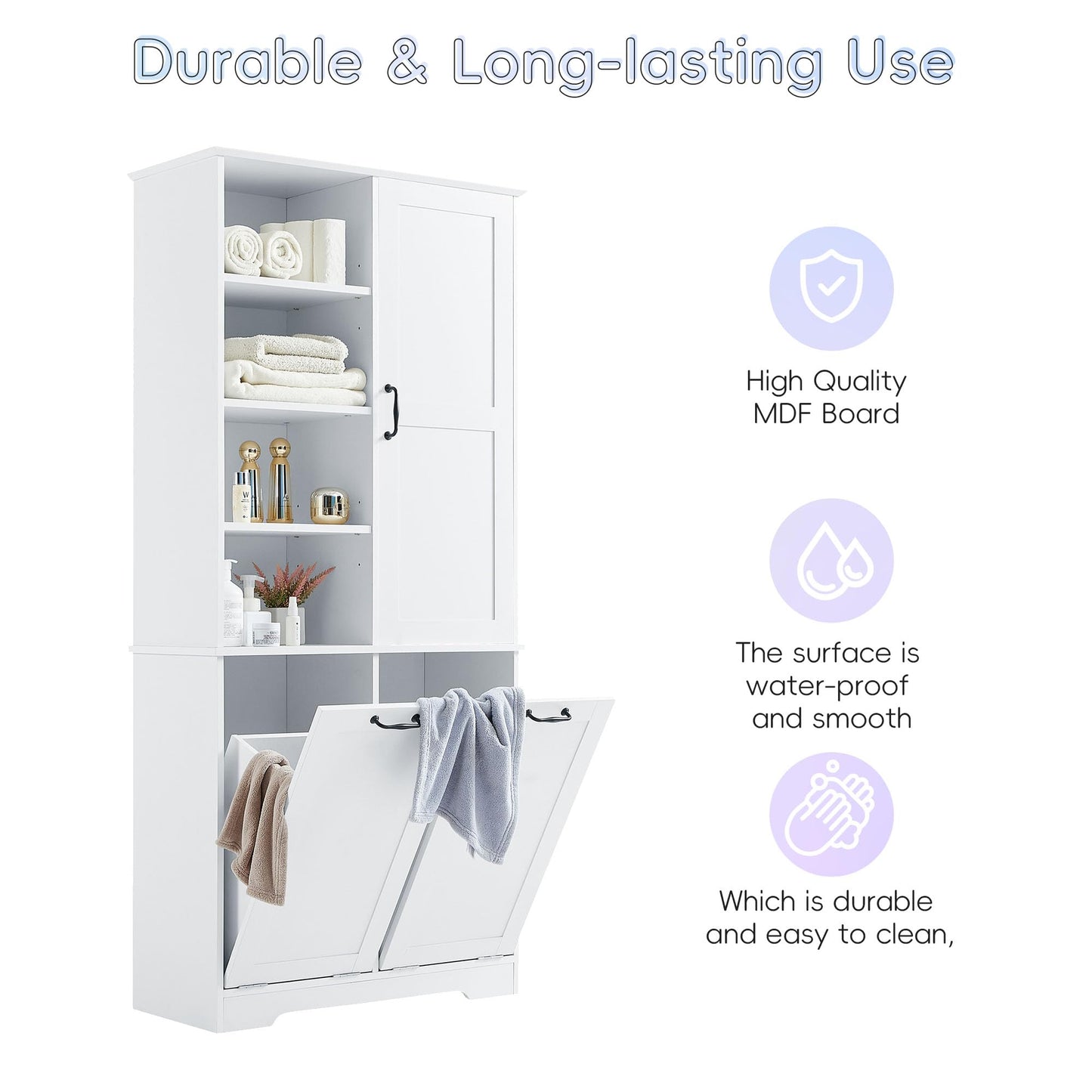 Merax Tall Storage Cabinet with Door and Open Shelf, Multi-Functional Laundry Hamper Basket for Home Bathroom, Laundry Room, White