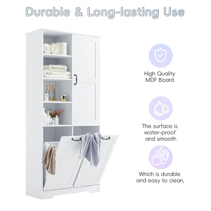 Merax Cabinet with Tilt-Out Laundry Hamper Basket, Tall Bathroom Storage Organizer Linen with Open Shelf for Home, Freestanding, White