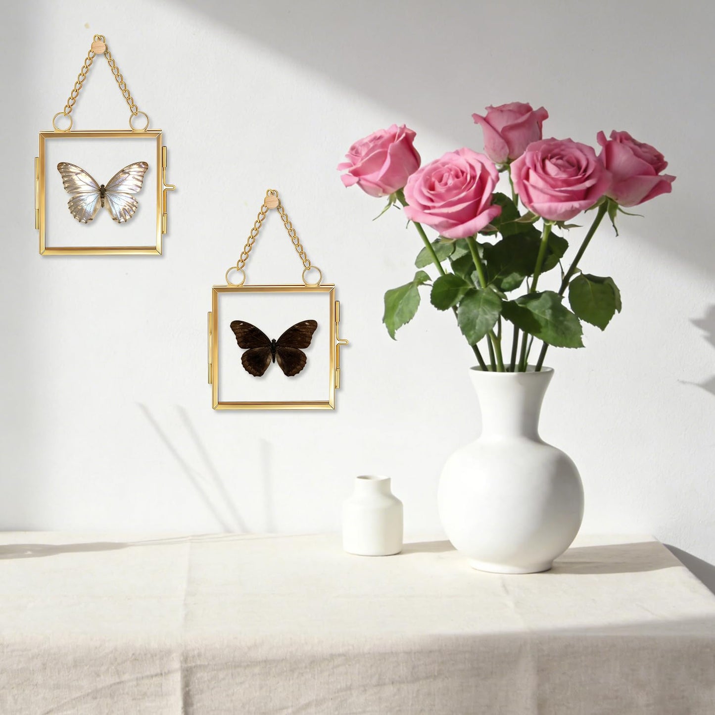 Orepzinc 4 Pcs Mini Brass Wall Hanging Photo Frame, Square Glass Hanging Picture Artwork Display Frame, Double Glass Floating Frame Style Gallery Wall for Picture, Pressed Flower (3.5x3.5 inch)