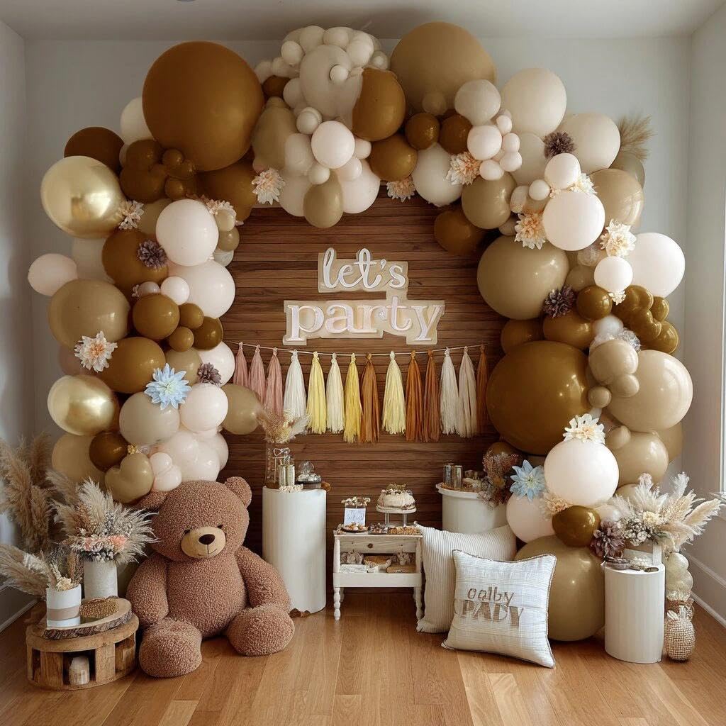 Neutral Balloon Arch Garland Kit - Double Stuffed Nude Beige Brown Cream Gold Balloons with Artificial Flowers Tissue Tassels for Birthday Bear Baby Shower Bridal Party Decoration
