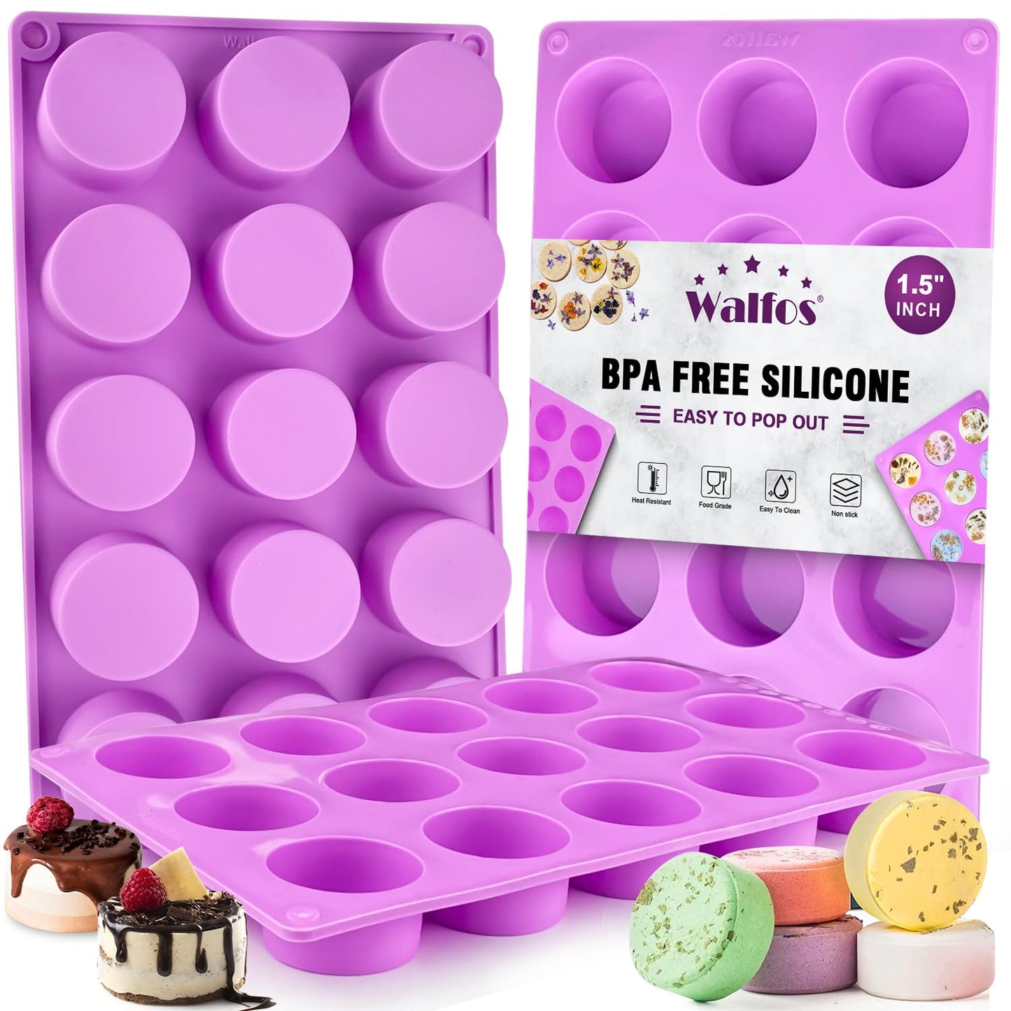 Walfos 3 Pack Small Soap Molds,15 Cavity Mini Round Silicone Molds,1.5inch Cylinder Silicone Soap Molds Perfect for Soap Making.Non-Stick BPA Free and Dishwasher Safe