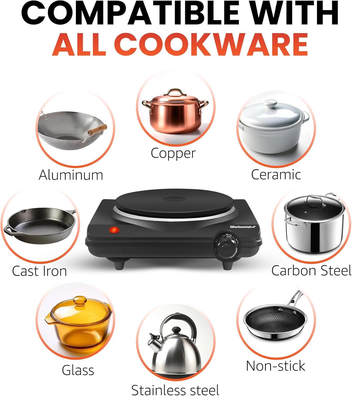 Elite Gourmet ESB-301BF Countertop Single Cast Iron Burner, 1000 Watts, Black