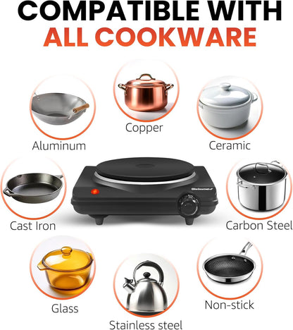 Elite Gourmet ESB-301BF Countertop Single Cast Iron Burner, 1000 Watts, Black