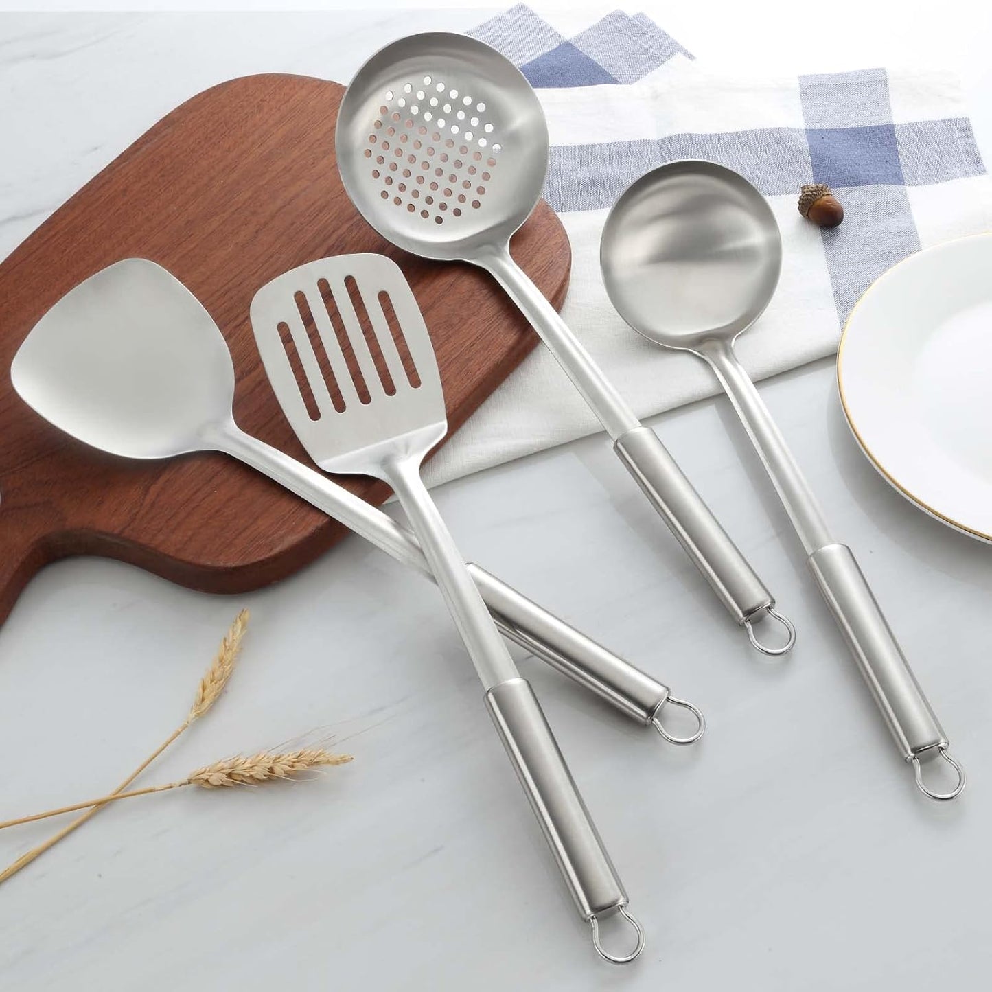 Pleafind 4-Pcs Cooking Utensils Set, Stainless Steel Kitchen Utensils for Wok, Dishwasher Safe
