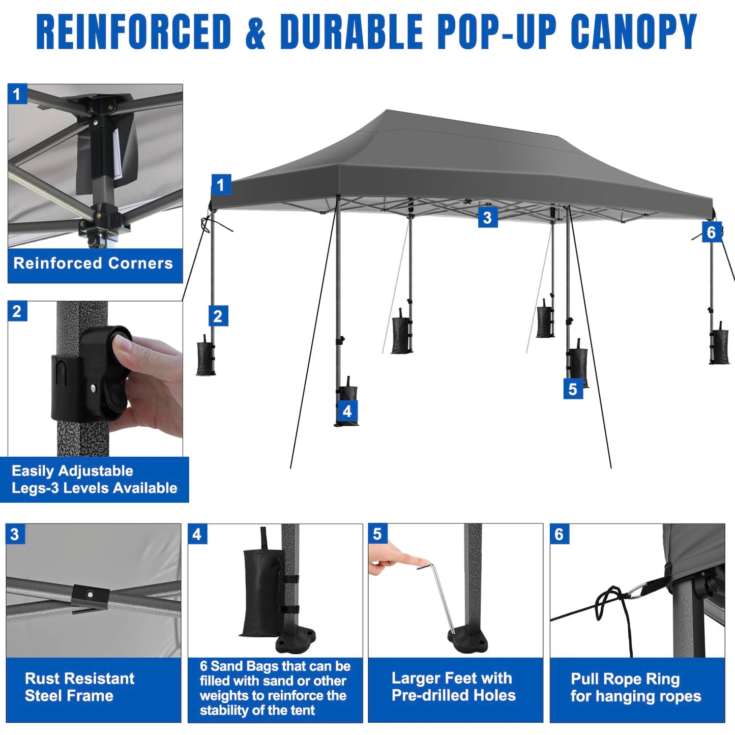 Yesker 10x20 Pop Up Canopy Tent with Sidewalls Instant Outdoor Canopy, Waterproof & UV Protection, Easy Setup Adjustable Height Heavy Duty Shelter Gazebo Tent for Patio Backyard Party Events, Gray