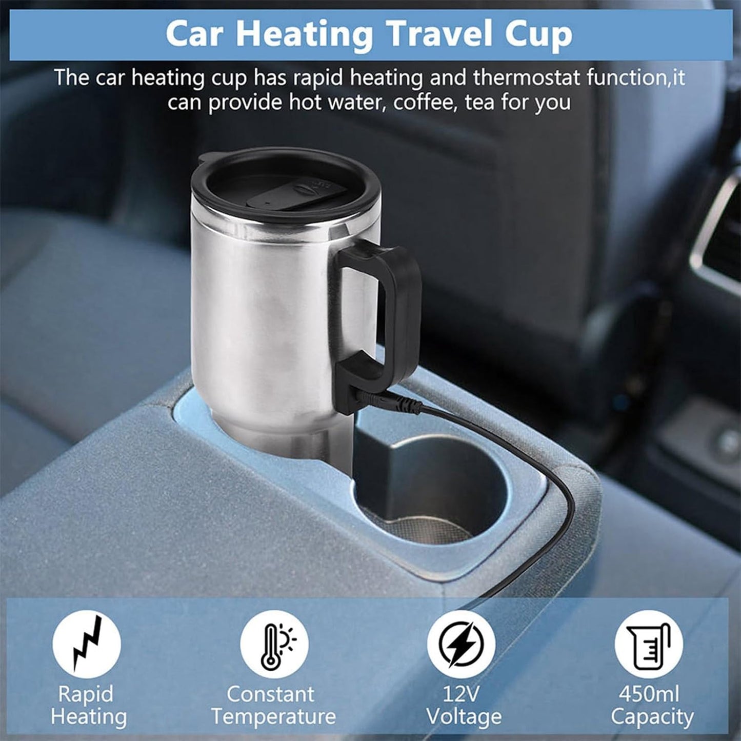 GOTOTOP Car Heating Cup, 12V 450ML Electric Car Kettle, Portable Stainless Steel Heated Travel Mug