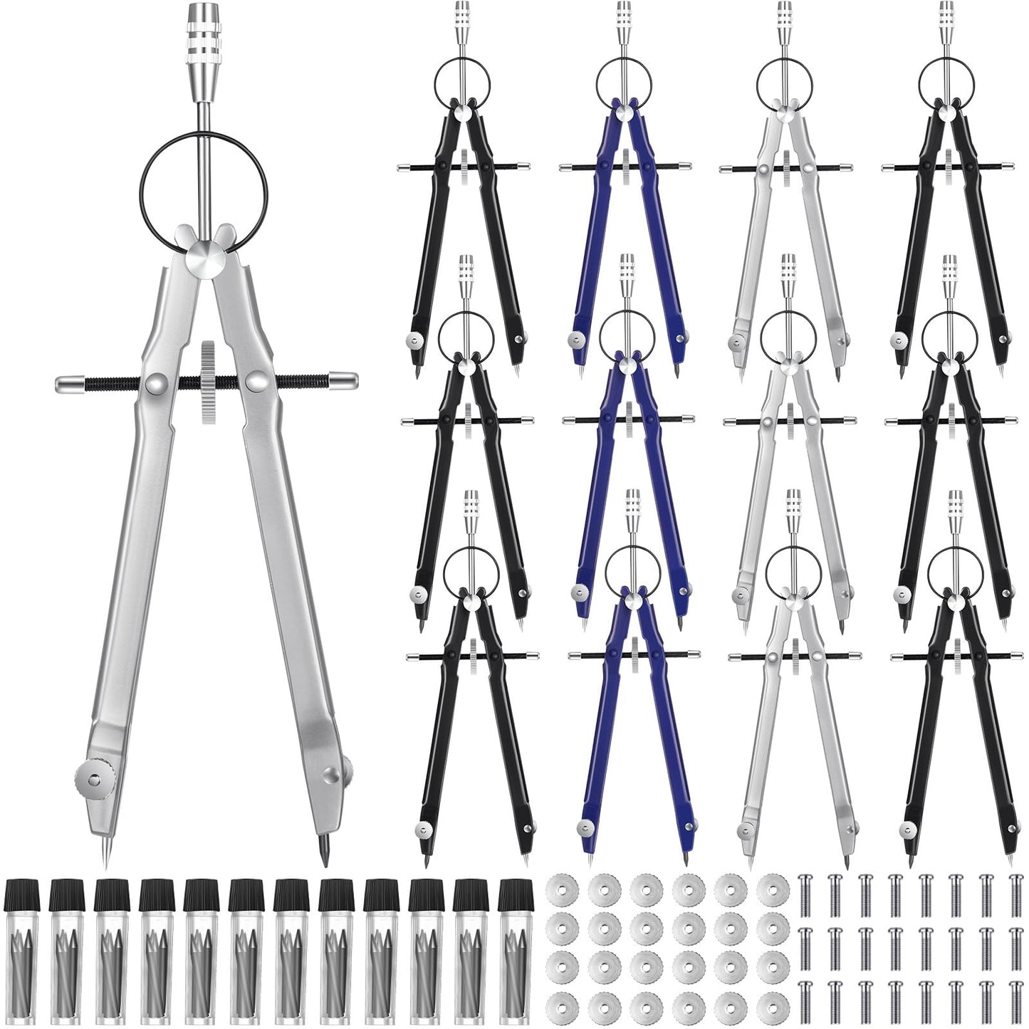 Zonon 12 Pcs Compass for Geometry Drawing Metal Compass with Extra Refills and Screws Circle Maker Back to School Circle Drawing Tool for Math Drafting Measuring Woodworking Office, 3 Colors