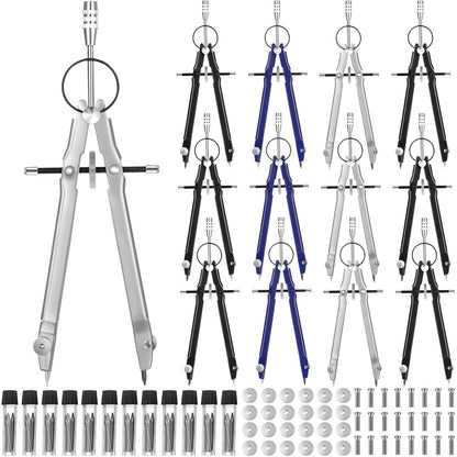 Zonon 12 Pcs Compass for Geometry Drawing Metal Compass with Extra Refills and Screws Circle Maker Back to School Circle Drawing Tool for Math Drafting Measuring Woodworking Office, 3 Colors