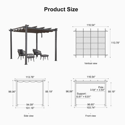 PURPLE LEAF 10' X 10' Outdoor Retractable Pergola with Sun Shade Canopy Patio Metal Shelter for Garden Porch Beach Pavilion Grill Gazebo Modern Yard Grape Trellis Pergola, Gray
