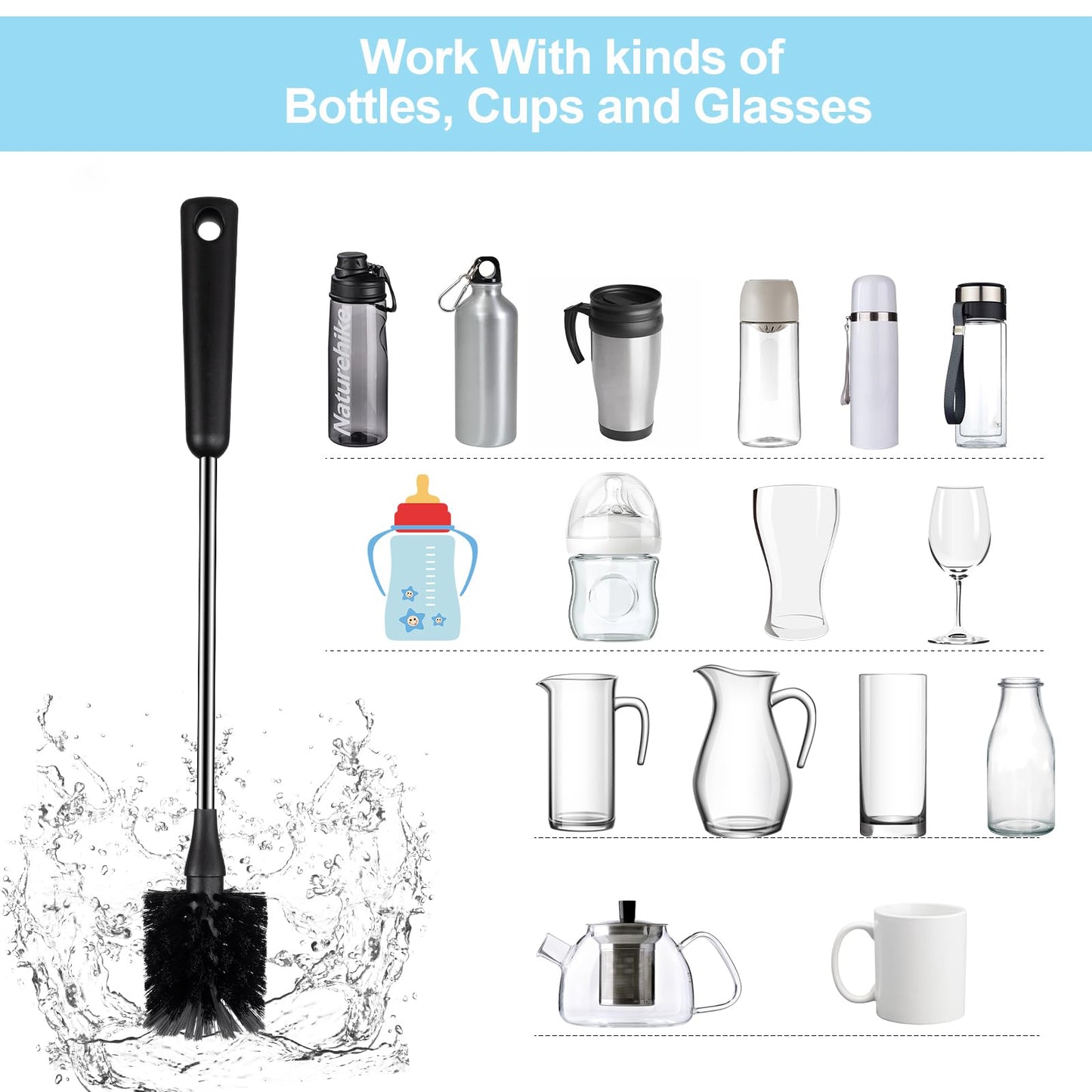 [4 Pack] Water Bottle Brush & Straw Cleaner Set,Stainless Steel Long Handle Baby Bottle Scrub Cleaning Brush for Sports Bottles, Cups, Dishes, Coffee Mugs, Glasswares, Tumblers, Wine Decanters