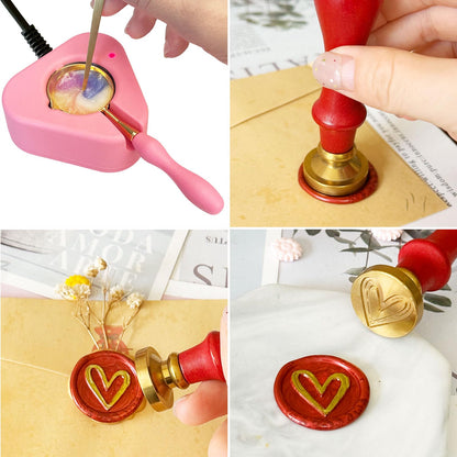 Electric Wax Seal Warmer Kit - Complete Set with Heart Stamp, 600 Wax Beads, 10 Envelopes & 2 Pens - Perfect for Wedding Invitations & DIY Letters (001Pink)