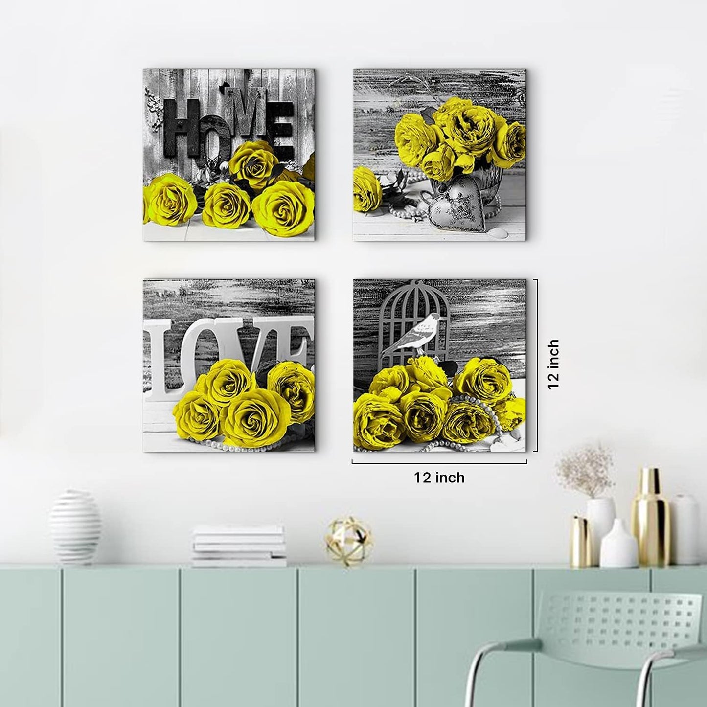 Yellow Rose Wall Pictures for Bedroom: Yellow and Grey Floral Posters, 12x12" 4Pcs, Romantic Flower Canvas Prints